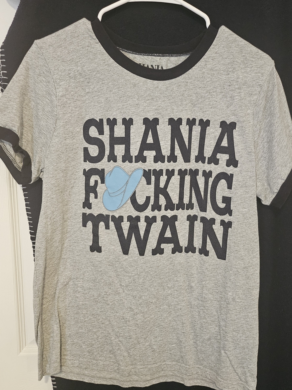 Shania Twain Graphic-Gray & Black Ringer Tee with Blue Accent